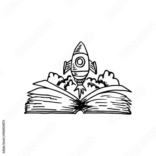 Illustration hand-drawn doodle cartoon rocket launching from an open book.