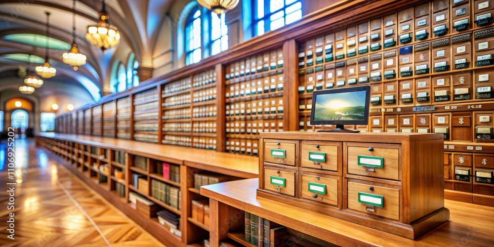 Modern Library Card Catalog with Digital Screens - Blending Tradition and Technology for Information Access and Learning Resources in a Contemporary Library Setting Modern Library Card Catalog with Digital Screens - Blending Tradition and Technology for Information Access and Learning Resources in a Contemporary Library Setting