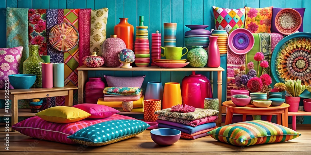 Naklejka premium Fashionable Patterns Featuring Household Objects in a Vibrant and Contemporary Style for Trendy Home Decor and Textiles