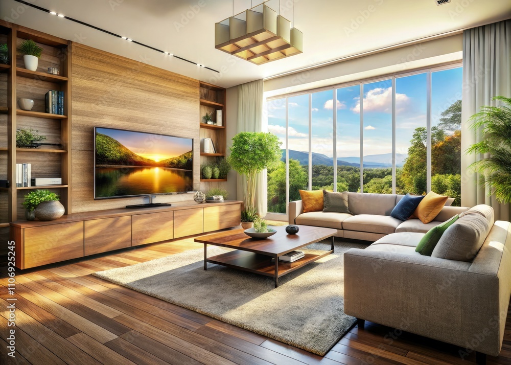 Modern Living Room Design: Large Window, Big TV, Spacious Interior - High Resolution Photo Modern Living Room Design: Large Window, Big TV, Spacious Interior - High Resolution Photo
