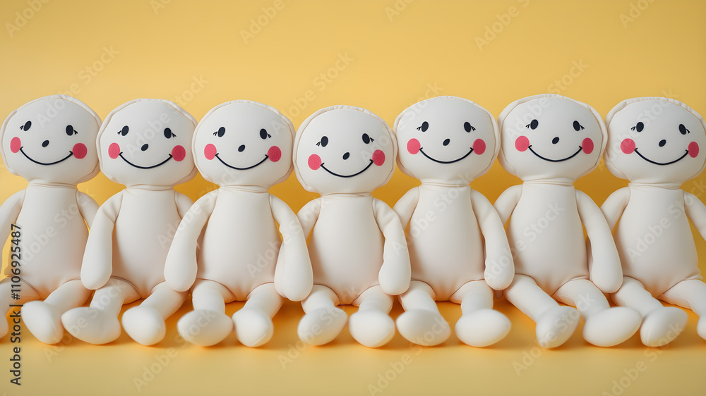 Soft fabric dolls with sewn-on smiles sitting in a line, pale yellow background, room for text on the top. Generative AI Soft fabric dolls with sewn-on smiles sitting in a line, pale yellow background, room for text on the top. Generative AI
