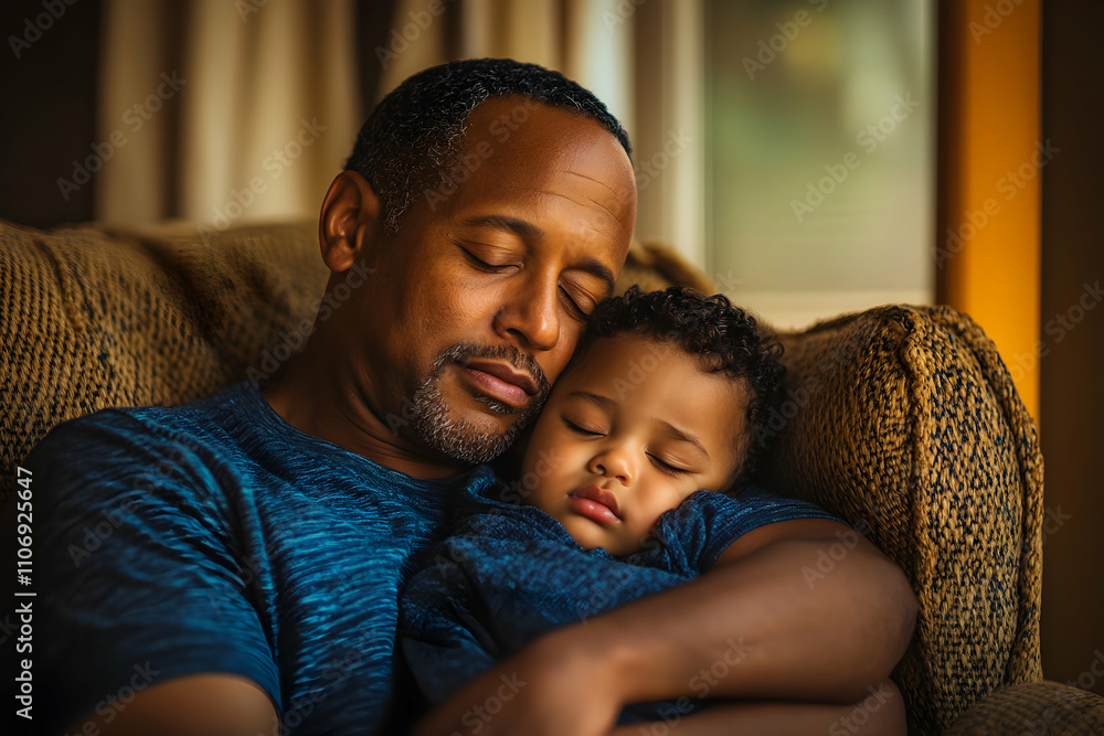 Tender Father Gently Holds Sleeping Toddler Son on Cozy Chair Tender Father Gently Holds Sleeping Toddler Son on Cozy Chair