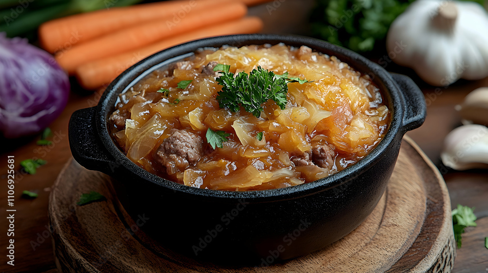 Savory Stew: Braised Cabbage and Beef in Rich Broth, Garnished with Parsley Savory Stew: Braised Cabbage and Beef in Rich Broth, Garnished with Parsley