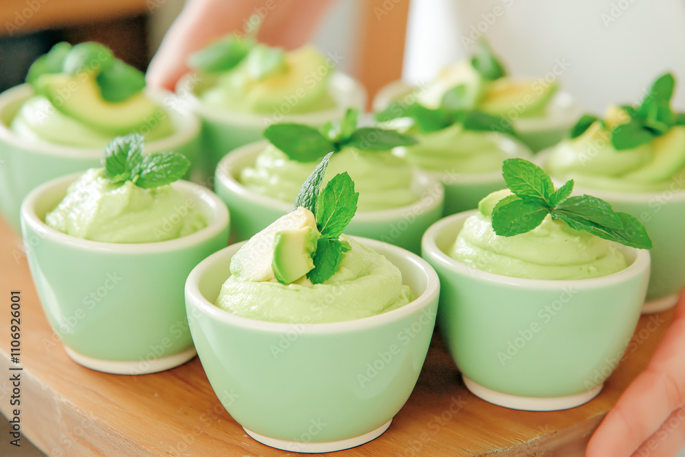 Unique avocado dip served in small green bowls garnished with fresh mint leaves, perfect for appetizers or casual gatherings Unique avocado dip served in small green bowls garnished with fresh mint leaves, perfect for appetizers or casual gatherings