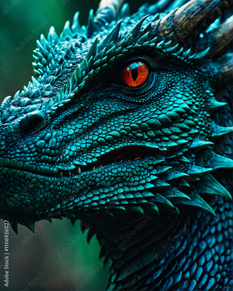 Obraz premium a dragon head with striking red irises and intricate reptilian scales.