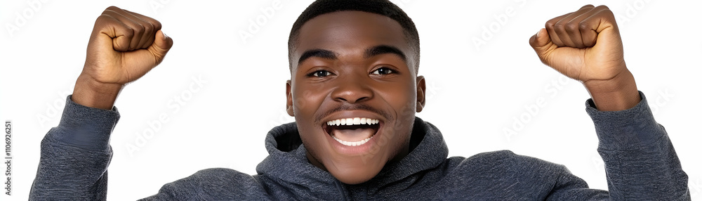 Joyful Man Celebrates Success with Raised Fists Joyful Man Celebrates Success with Raised Fists