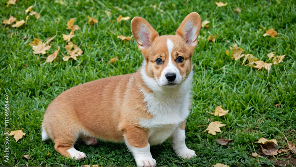 Charming Pembroke Welsh Corgi puppy standing on vibrant green grass, surrounded by scattered yellow leaves. The puppy's expressive eyes and distinctive markings make it ideal for pet, nature, or outdo Charming Pembroke Welsh Corgi puppy standing on vibrant green grass, surrounded by scattered yellow leaves. The puppy's expressive eyes and distinctive markings make it ideal for pet, nature, or outdo