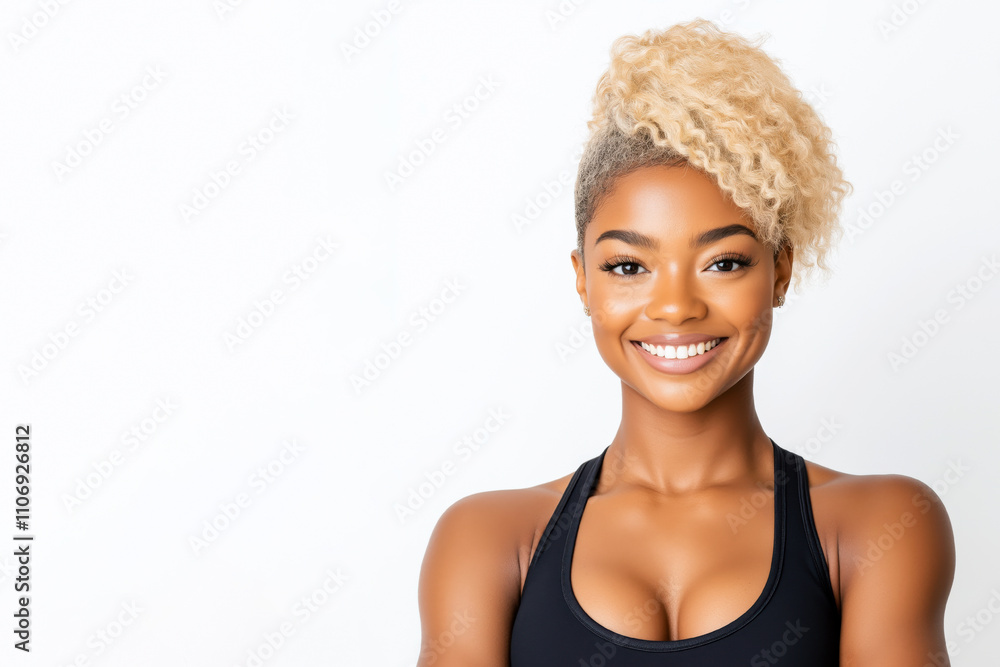 Blond short-haired African American fitness female smiling confidently against a plain background, showcasing a healthy lifestyle and vibrant personality in a fitness-themed setting Blond short-haired African American fitness female smiling confidently against a plain background, showcasing a healthy lifestyle and vibrant personality in a fitness-themed setting