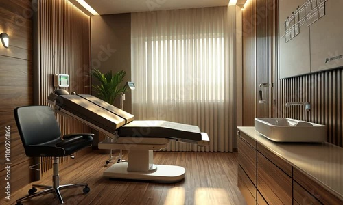 Modern and Minimalist Medical Examination Room with Wood Paneling