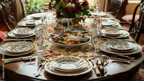 A beautifully set dining table with fine china, silverware, and a range of gourmet dishes such as pasta, grilled fish, and vegetable sides 