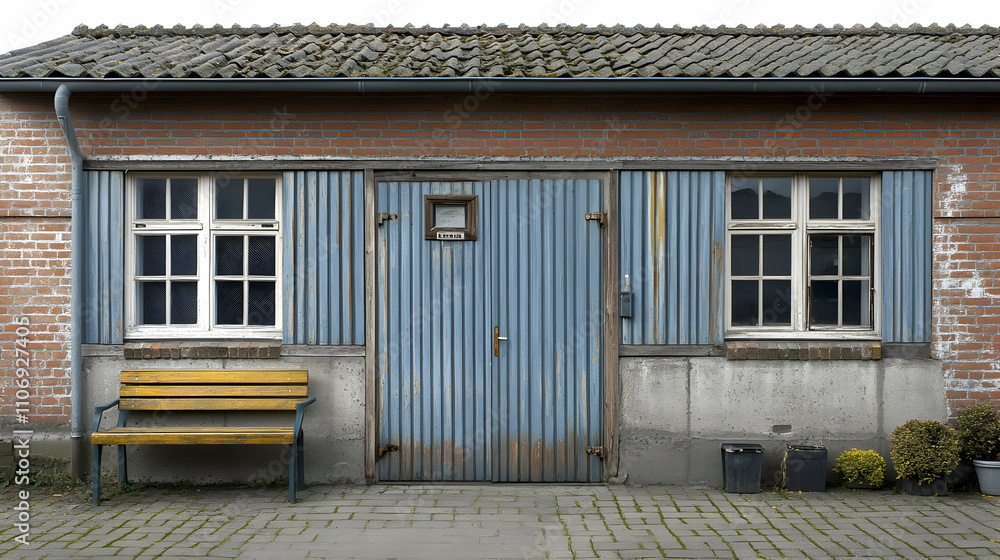 Rustic Brick Building with Weathered Metal Doors Rustic Brick Building with Weathered Metal Doors