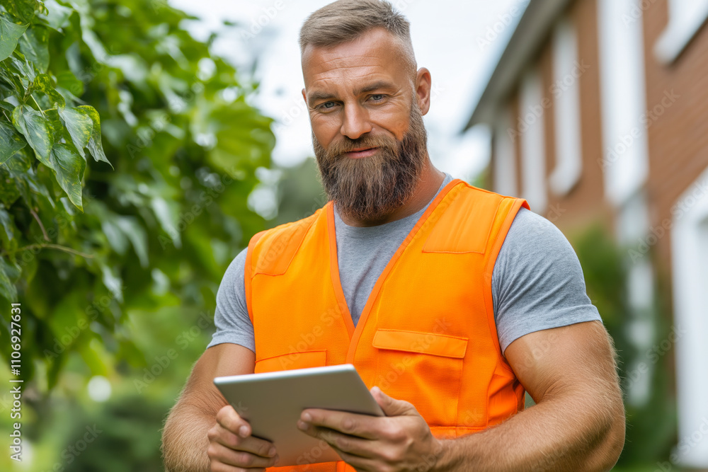 Construction worker in orange vest checks tablet in a residential area during daytime near greenery Construction worker in orange vest checks tablet in a residential area during daytime near greenery