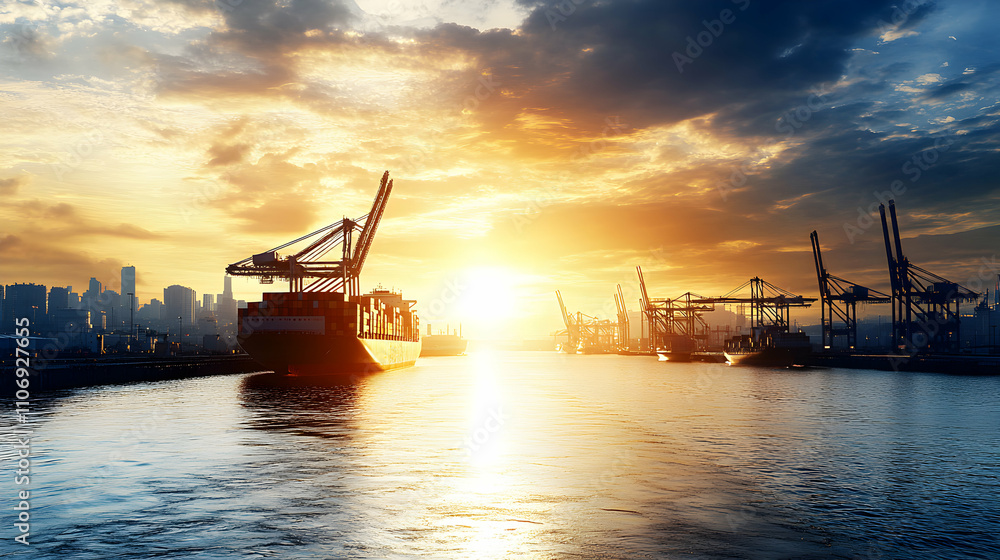 Fototapeta premium Cargo Ships at Sunset Harbor, City Skyline