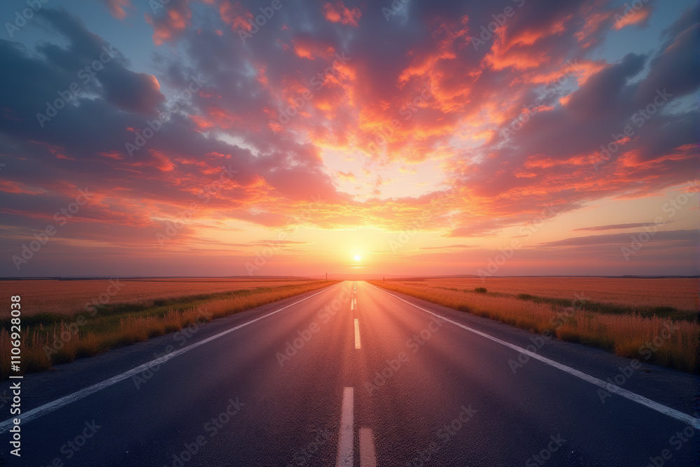 Naklejka premium A straight road leading towards a vibrant sunset, symbolizing the journey ahead.