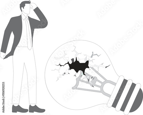 Businessman is disappointed with an broken idea light bulb on ground -