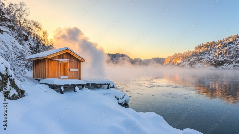 Cozy Wooden Cabin in Snowy Landscape by Serene River at Sunrise Cozy Wooden Cabin in Snowy Landscape by Serene River at Sunrise