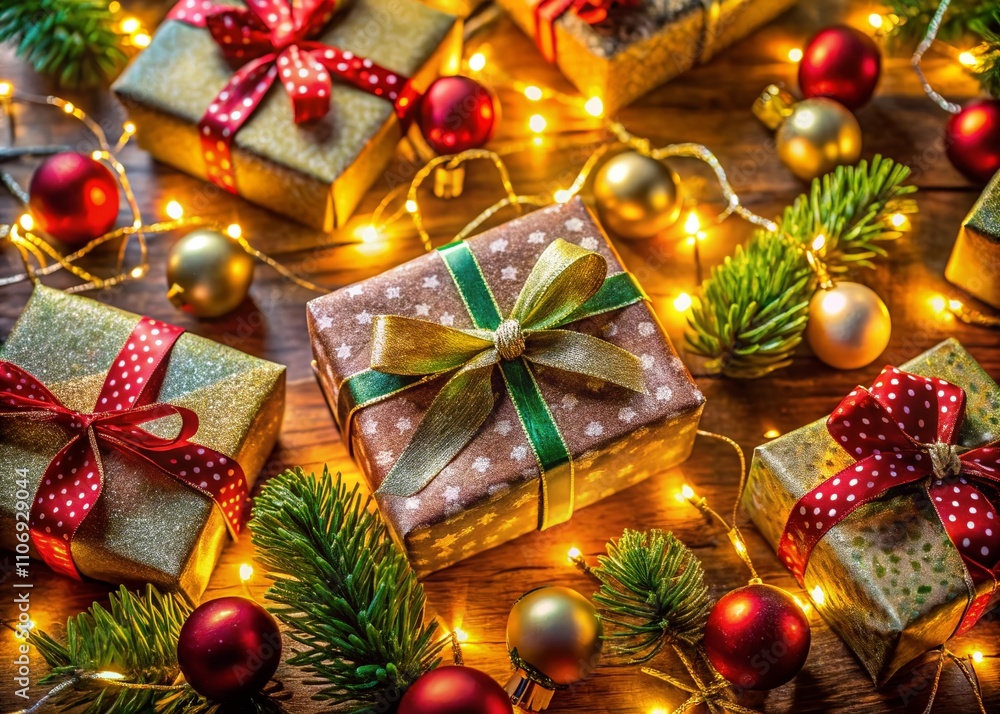 Festive Macro Photography of Christmas Gift Boxes with Colorful Wrapping Paper and Twinkling Lights Creating a Joyful Holiday Background for Merry Christmas and Happy New Year Celebrations Festive Macro Photography of Christmas Gift Boxes with Colorful Wrapping Paper and Twinkling Lights Creating a Joyful Holiday Background for Merry Christmas and Happy New Year Celebrations