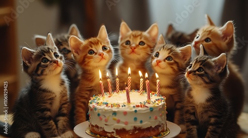 A group of kittens are gathered around a birthday cake with lit candles