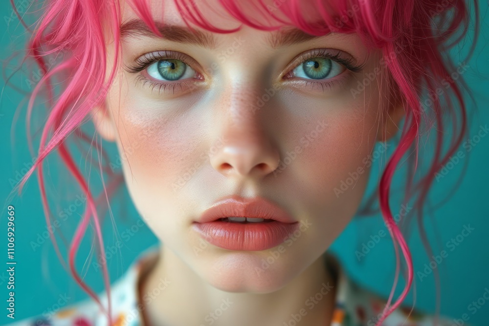 Close up portrait of a young woman with pink hair Close up portrait of a young woman with pink hair