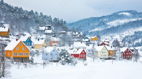 Wallpaper Mural Snowy Winter Landscape with Colorful Houses in Scandinavian Village Torontodigital.ca