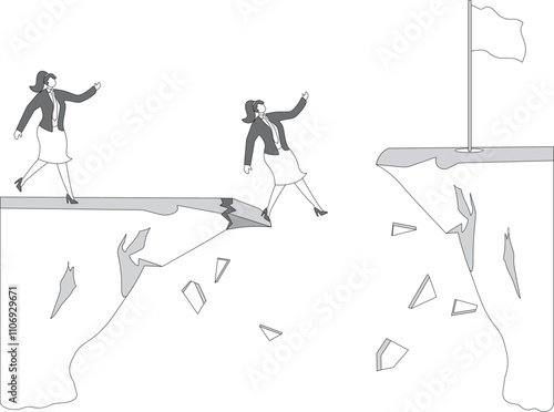 Over confident, Businesswoman jumping off cliff abyss for higher level but failing