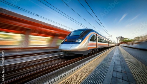 Futuristic train arriving at station motion blur effect