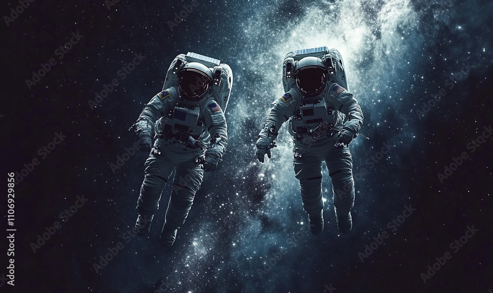 Fototapeta premium Two astronauts floating in space against a cosmic background.