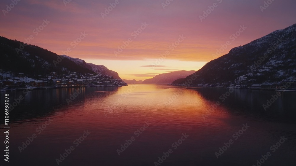 Serene Sunset Over Calm Waters in Majestic Mountain Landscape Serene Sunset Over Calm Waters in Majestic Mountain Landscape