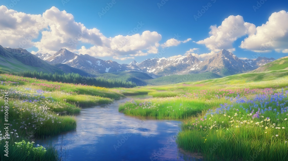 A serene landscape with blue skies, green meadows, and majestic mountains radiates peace and beauty. A serene landscape with blue skies, green meadows, and majestic mountains radiates peace and beauty.