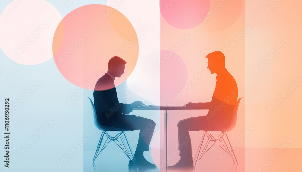 Abstract depiction of two individuals engaged in coworking, sharing ideas Abstract depiction of two individuals engaged in coworking, sharing ideas
