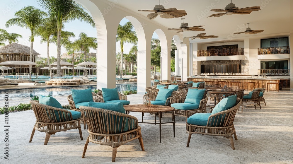 Obraz premium Outdoor Patio Seating Area with Pool View at a Tropical Resort