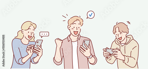  People Looking on Smartphones and Chatting. Happy Boys and Girls talking and typing on Phone. Hand drawn style vector design illustrations.