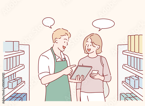 A woman receiving help from a store clerk. Hand drawn style vector design illustrations.