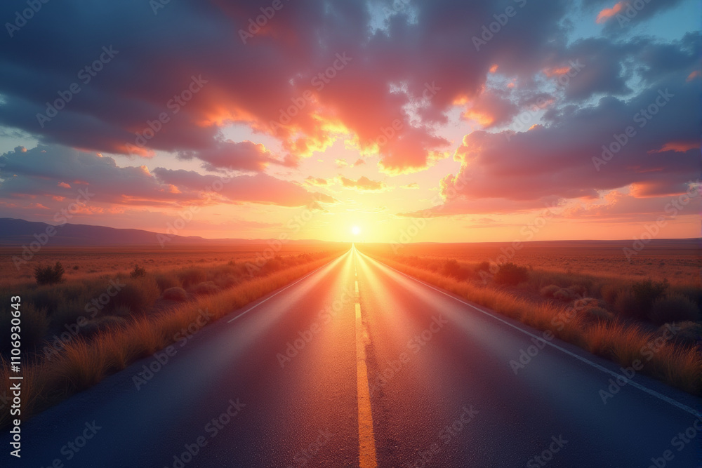 A straight road leading towards a vibrant sunset, symbolizing the journey ahead. A straight road leading towards a vibrant sunset, symbolizing the journey ahead.