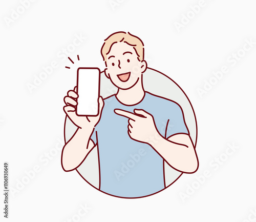 Man with smartphone in hand show empty display. Hand drawn style vector design illustrations.