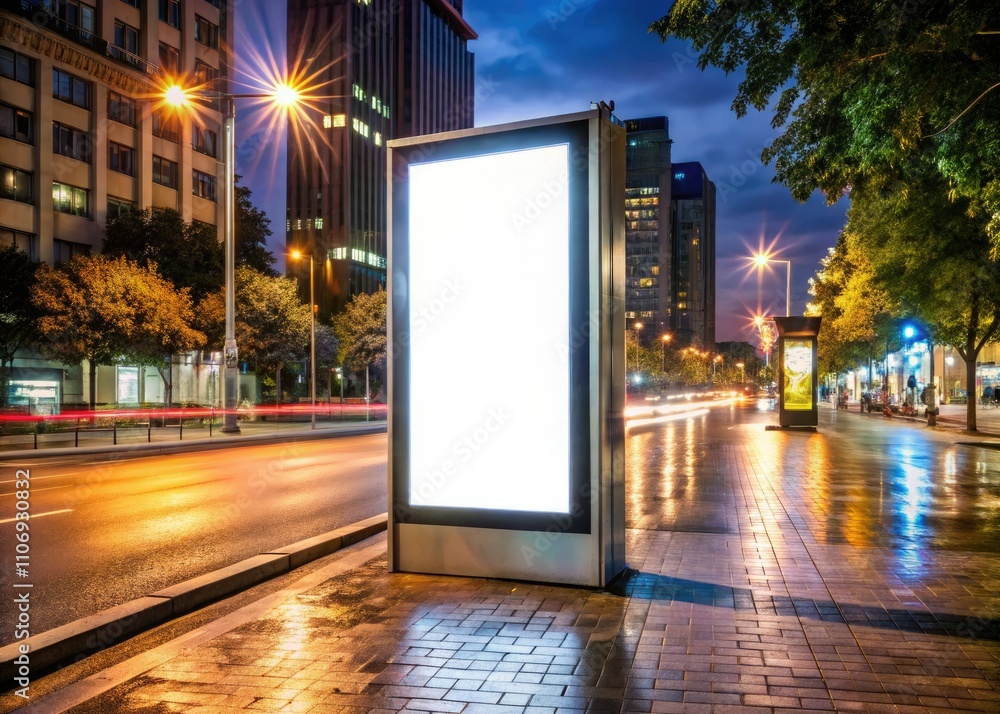 Nighttime Billboard Mockup: Blank Vertical Ad Banner on Sidewalk for Advertisement Design Nighttime Billboard Mockup: Blank Vertical Ad Banner on Sidewalk for Advertisement Design