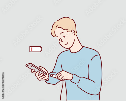 A man plugs in her smartphone to charge it after noticing the red low battery indicator. Hand drawn style vector design illustrations.