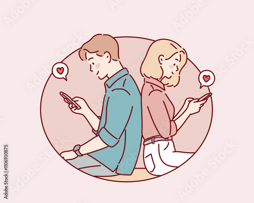 A man and a woman sitting back to back, expressing love through their smartphones. Hand drawn style vector design illustrations.