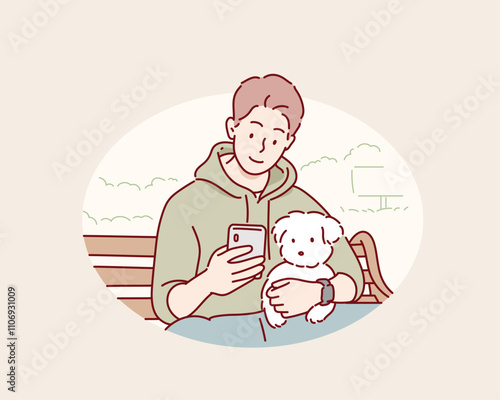 A man using his smartphone in the park while sitting with his dog. Hand drawn style vector design illustrations.