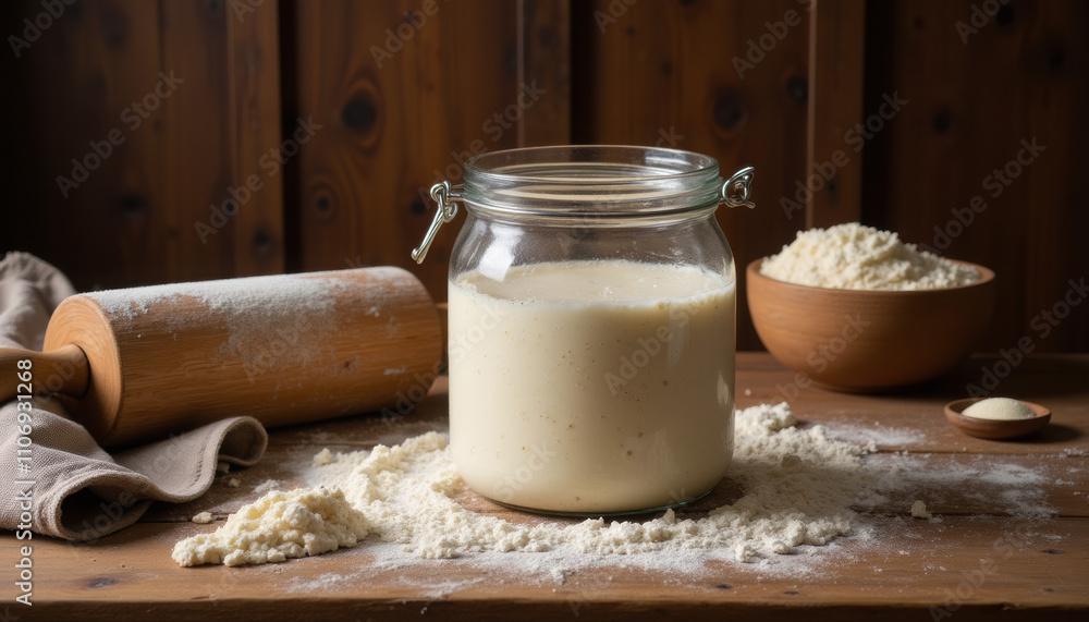 Sourdough starter jar on wooden table with baking tools Sourdough starter jar on wooden table with baking tools