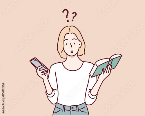 A woman holding a smartphone and a book in her hands, looking curious. Hand drawn style vector design illustrations.
