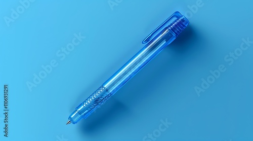 A hyper-realistic 3D image of a plastic pen with intricate details, floating on a solid blue background. photo