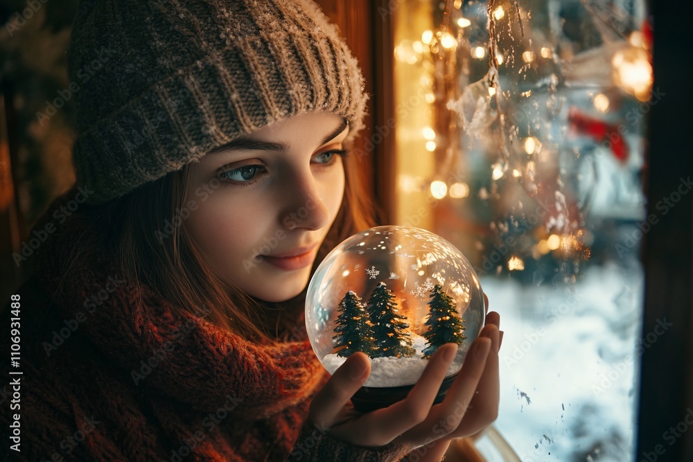 Naklejka premium A vintage-style girl wearing a knitted hat and scarf, holding a snow globe, standing next to a snowy window with Christmas decorations, soft light reflecting the holiday spirit 4