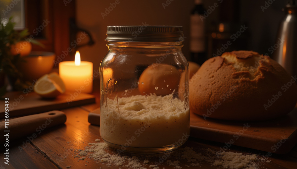 Sourdough starter jar with bread in cozy candlelit scene Sourdough starter jar with bread in cozy candlelit scene