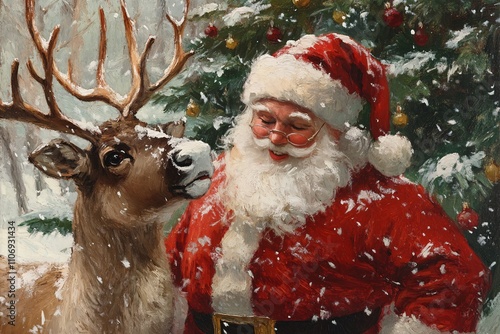 A vintage oil painting of Santa Claus petting a reindeer, with snow falling on a pine forest, classic red suit, jolly expression, surrounded by festive Christmas colors 4