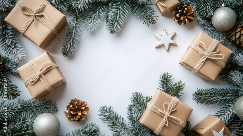 A festive arrangement of wrapped gifts surrounded by pine branches and holiday decorations. A festive arrangement of wrapped gifts surrounded by pine branches and holiday decorations.