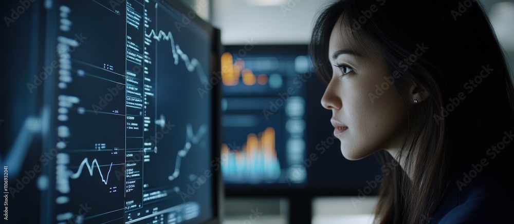Focused businesswoman analyzing financial data on computer screen. Focused businesswoman analyzing financial data on computer screen.