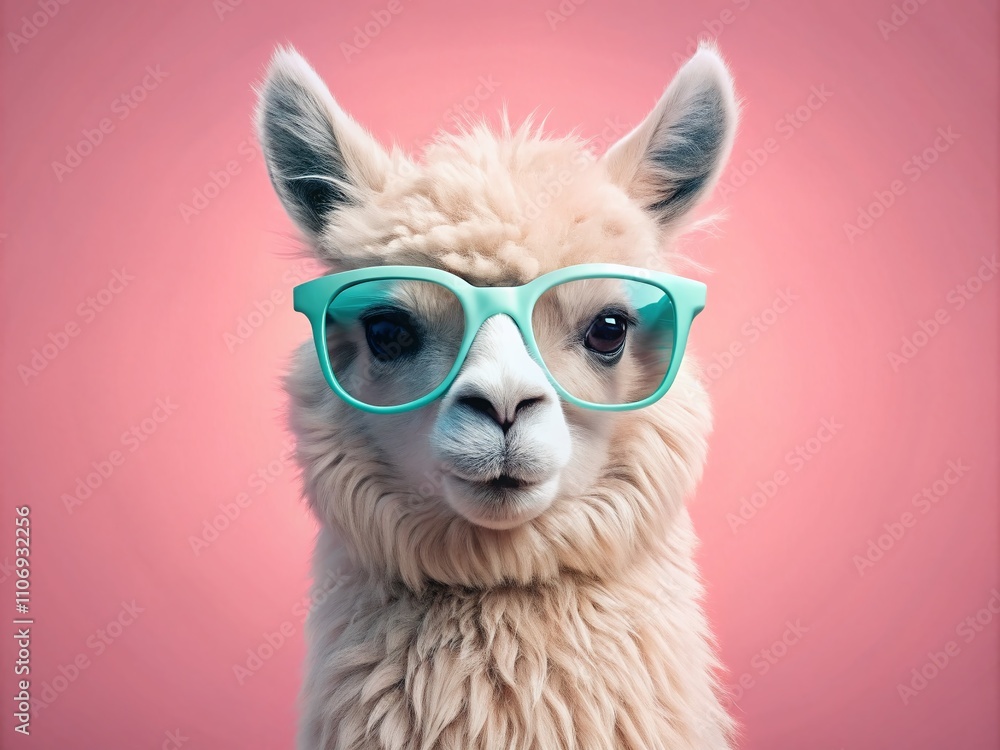 Fototapeta premium Fluffy Alpaca Wearing Bright Sunglasses with a Whimsical Expression Set Against a Soft Pastel Pink Background, Perfect for Fun and Quirky Animal-Themed Stock Photos