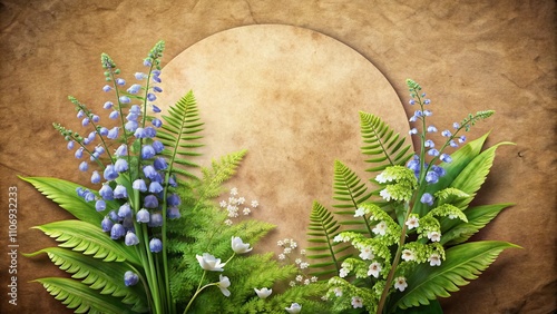 Floral Round Background with Bluebells, Lily of the Valley, and Ferns for Elegant Invitations and Greeting Cards on Kraft Paper