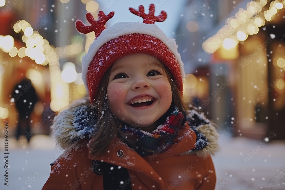 A joyful young girl in a red and white reindeer beanie, playing in the snow on a festive street surrounded by glowing Christmas shop lights, medium shot 3 A joyful young girl in a red and white reindeer beanie, playing in the snow on a festive street surrounded by glowing Christmas shop lights, medium shot 3